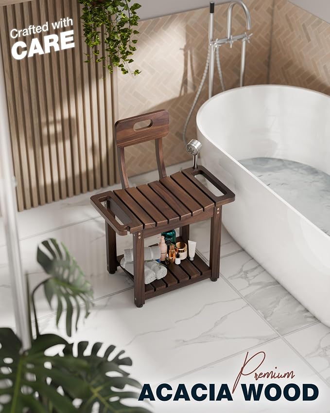 Bluewest 23.4 in Shower Chair with Backrest, 450 lb Support, Acacia, Walnut | Heavy-Duty Bath Chair for Inside Shower or Tub with Non-Slip Feet, Storage Shelf and Built-In Handles for Seniors or Adults.