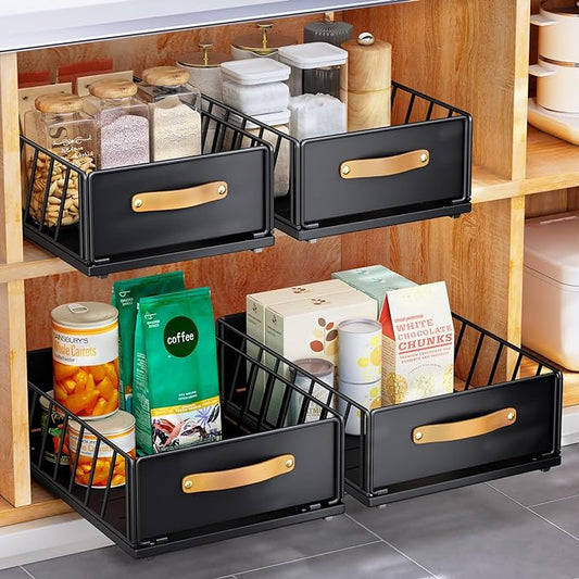 Pull out Cabinet Organizer,Heavy Duty Slide out Pantry Shelves Drawer Storage with Adhesive Nano Film,Sliding Mesh Cabinet Basket with Handle for Kitchen, Bathroom, Home, 9.8"W X 15.7"D X 6.2"H,Black