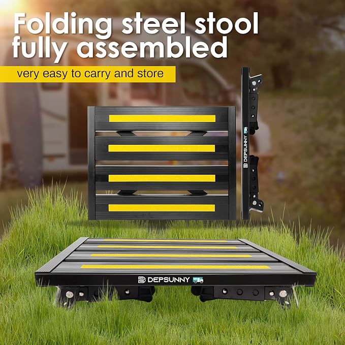 Adjustable RV Step Stool, Wide Platform, Foldable Legs, Black | 3 Height Settings, 1,000-lb Capacity, Aluminum Frame, Non-Slip Rubber Feet, Portable Step for Camper Stairs and Trailers