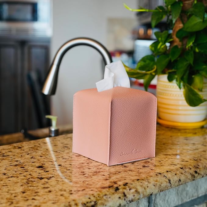 Premium PU Leather Tissue Box Holder - Elegant Hotel-Style Tissue Box Cover for Home, Office & Car Décor, Tissues Cube Organizer for a Natural & Classic Look(Pink)