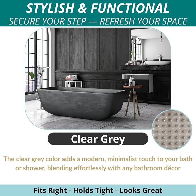 ENKOSI Non-Slip Bath & Shower Mat 40x16 Extra Long, Suction & Drain Holes | Clear Gray look; Durable PVC; 40x16 in, Clear Gray