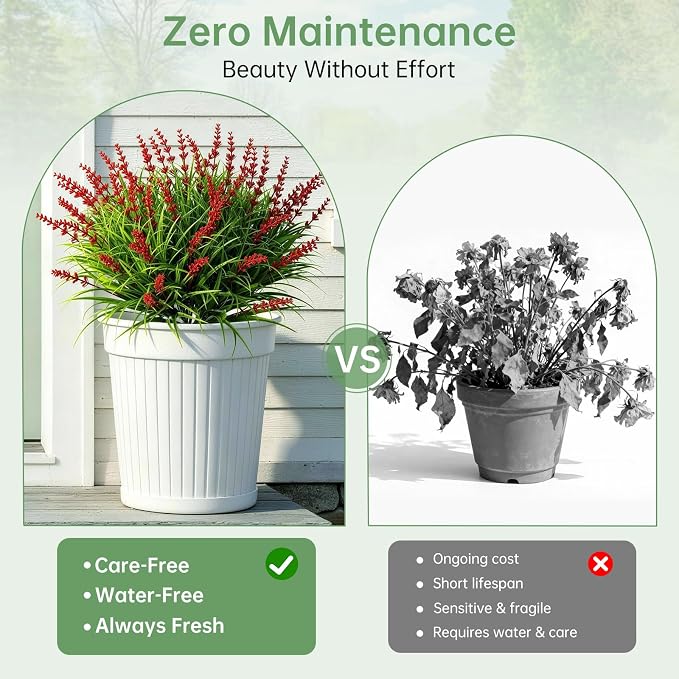 Gipsot 15 Bundles Artificial Faux Plants Flowers UV Resistant No-Fade, Adjustable Height Fake Greenery Indoor & Outdoor Decor for Window Garden Porch Patio Pathway Hanging Planter Front Yard, Red