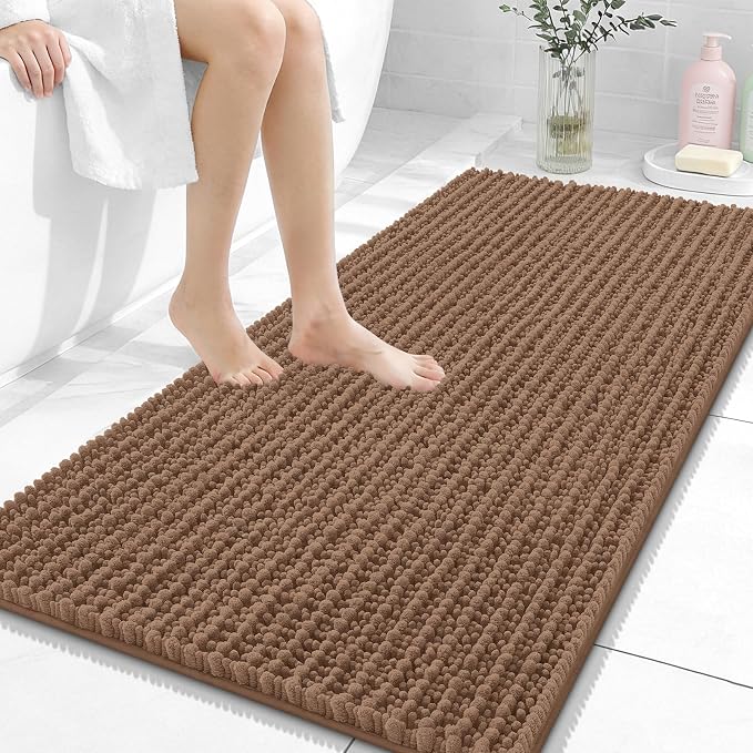 OLANLY Bathroom Runner Rugs 47x24, Thick Soft Absorbent Chenille Bath Rugs | Mocha, Quick-Drying Rubber Backing, Long Shaggy Bath Mat, Machine Washable for Floor, Tub and Shower, Home Decor Accessories