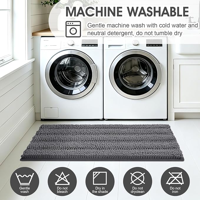 Striped Grey Bathroom Rug Mat Set 2 piece 32"x20"+60"x20" Ultra Soft, Non Slip Chenille Bath Rugs, Absorbent Plush Shaggy Bath Mats for Bathroom, Bedroom, Kitchen, Shower, Tub,Dark Gray, Charcoal