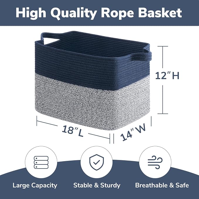 Goodpick 50L Large Woven Storage Basket, 18" x 14" x 12", Blue | Stylish Gift Basket for Home Decor, Cotton Rope Baskets for Blankets & Toys Storage, Living Room & Bedroom Organization