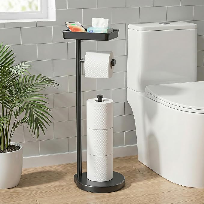 theaoo Toilet Paper Holder Stand with Shelf, Flushable Wipes Dispenser, Free Standing Toilet Tissue Roll Storage Rack Organizer for Bathroom (Black, Free Standing - with Storage)