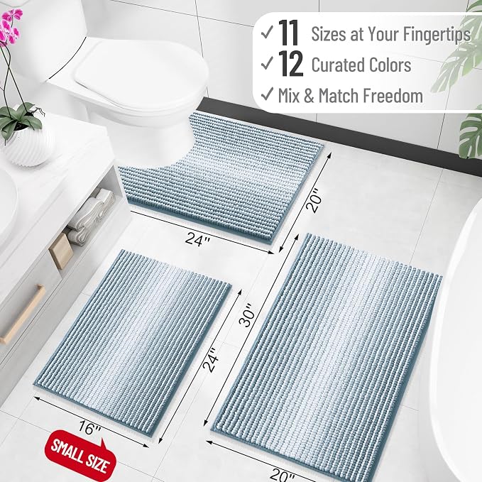 OLANLY Small Bathroom Rugs 24x16, Chenille Striped Bath Rugs, Airy Blue | Extra Soft Absorbent, Rubber Backing, Machine Wash Dry, Bath Mats for Bathroom Floor, Tub and Shower, Home Decor Accessories