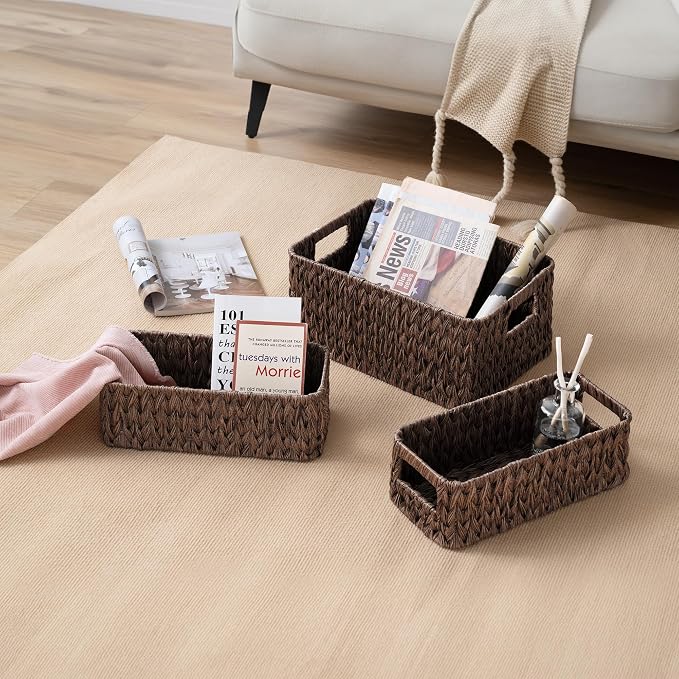 GRANNY SAYS Storage Baskets for Shelves, Waterproof Basket for Organizing | Small Woven Storage Baskets for Shelf, Rattan Basket for Organizing, Wicker Basket Set, 3-Pack Small Waterproof Baskets