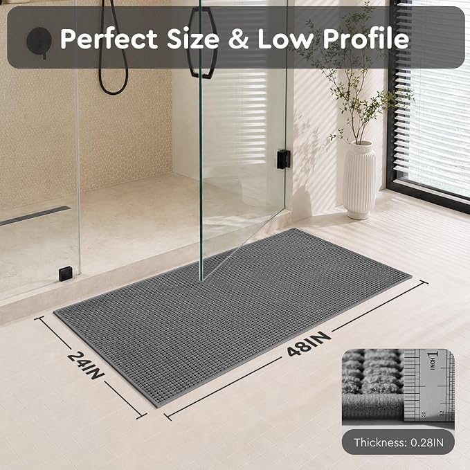 tchdio Bathroom Runner Rug, Absorbent Washable Thin Bath Mat, Non Slip Quick Dry Bath Rugs with Solid Rubber Backing, Low Profile Bath Mat, Grey, 24" x 48"