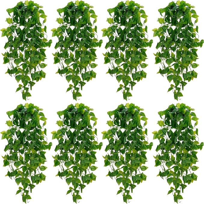 BLEUM CADE Fake Hanging Plants, 8pcs Artificial Pothos Vines Greenery for Wall Home Living Room Office Indoor Outdoor Decor (No Baskets)