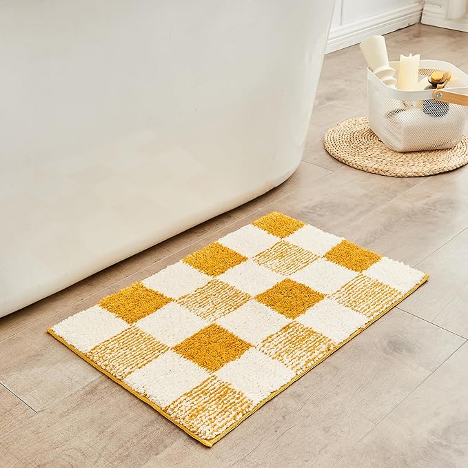 CozeCube Harvest Gold Checkered Bath Mat 36"x24" Non Slip Washable Rug | For Bathroom Non Slip, Fluffy Absorbent Microfiber Bath Mats Machine Wash, Stylish Large Aesthetic Bathroom Rugs