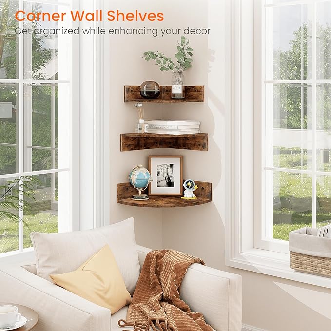 Corner Shelf Wall Mount, Set of 3 Floating Corner Shelves with Cord Hole, 3 Tier Wood Wall Display Shelf, Storage for Bathroom Living Room Kitchen Bedroom, Rustic Brown and Black
