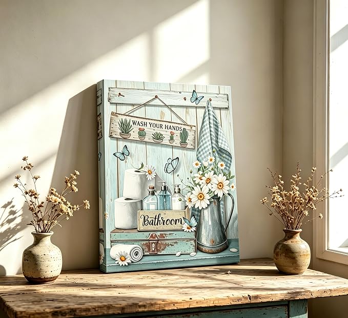 XcwDt is Vintage Teal Bathroom Canvas Wall Art,Farmhouse Daisy Butterfly Painting Print,Rustic Teal Hand Washing Wall Decor,for Living Room Bedroom Restroom Home Decoration 16 x 24 In