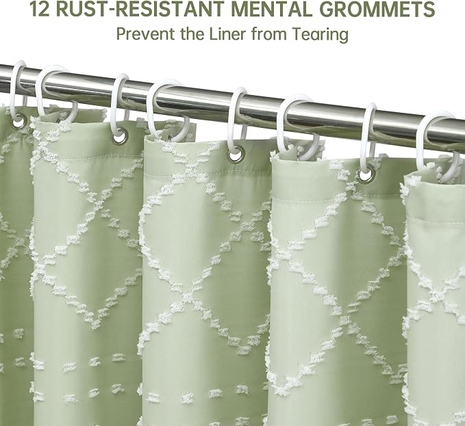 Siiluminisoy Boho Green Shower Curtain Woven Fabric Cute Shower Curtain with Tassel, 72 x 72 Tufted Chevron Textured Striped Modern Farmhouse Minimalist Cloth Shower Curtain for Bathroom