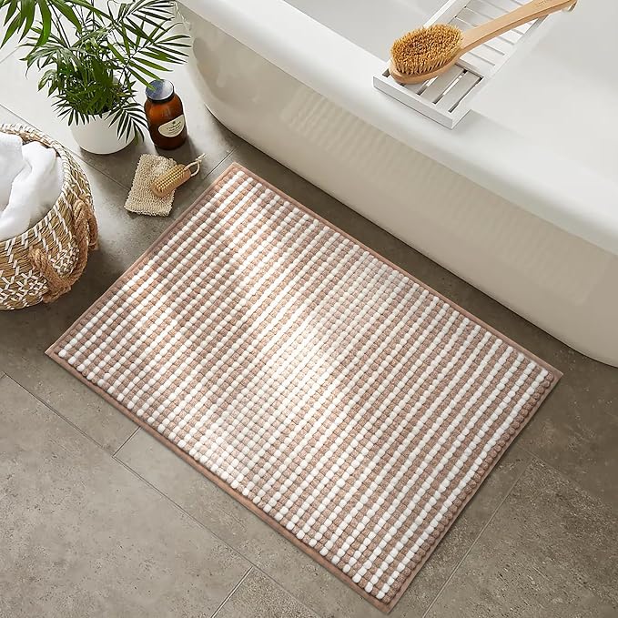 FRESHMINT Chunky Ombre Chenille Bathroom Rug, Beige & White, 24"x36" | Water Absorbent, Soft Bath Rugs for Bathroom Floor, Thick Non Slip, Washable Quick Dry