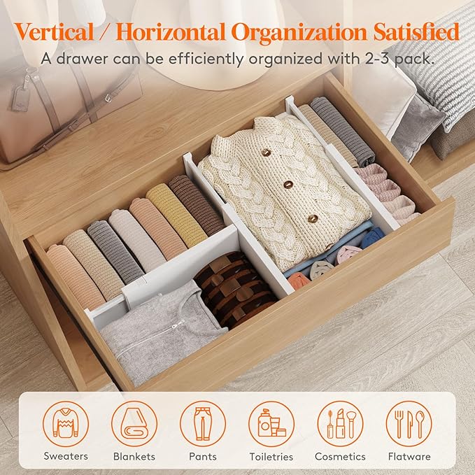 Lifewit 6" Tall Upgrade Drawer Dividers, Adjustable Deep Drawer Organizer | 13.5"-22" Expandable White Drawer Separator for Clothes, Dresser/Kitchen/Closet/Bedroom/Office Organization & Storage, 5 Pack