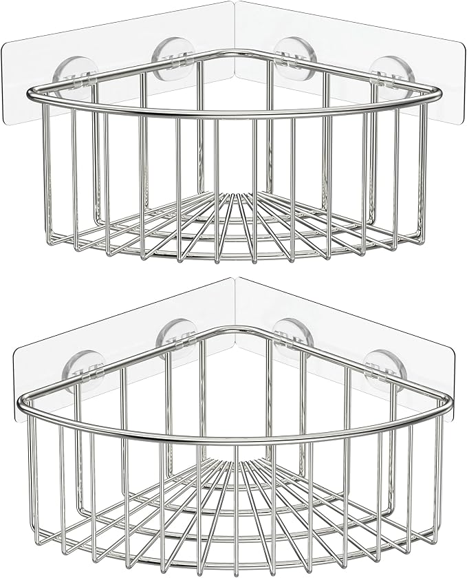 SMARTAKE 2-Pack Corner Shower Caddy Deep Basket, SUS304 Stainless Steel | Wall Mounted Bathroom Shelf with Adhesive, Storage Organizer for Toilet, Dorm and Kitchen , Silver