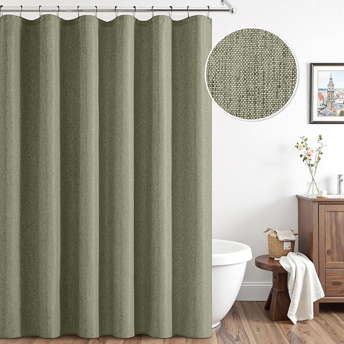 ANRODUO Olive Green Extra Long Linen Fabric Shower Curtain Set - W72xL96 | Farmhouse Shower Curtain with 12 Metal Hooks, Waterproof Heavy Duty, Button Hole Design, Machine Washable for Bathroom