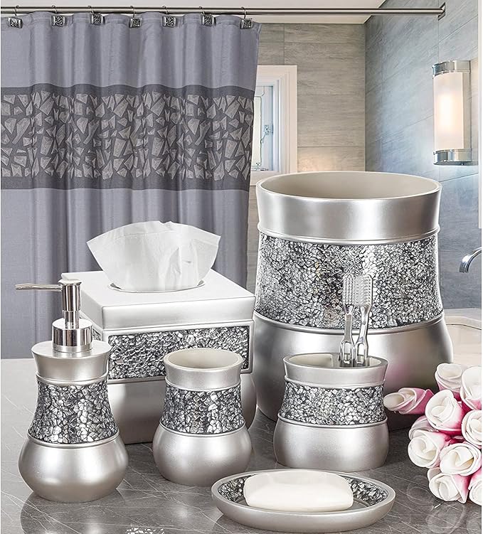 Creative Scents Crackled Glass 6 Pc. Silver Resin Bathroom Accessories Set | Includes Trash can, Tissue Box Cover, Soap Dispenser, Toothbrush Holder, Tumbler Cup & Soap Dish