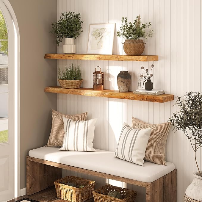 48 Inch Floating Wall Shelves Solid Elm Wood | Long Live Edge Rustic Shelving, Natural Wood Finish, Hidden Brackets, Wall Decor For Kitchen And Living Room