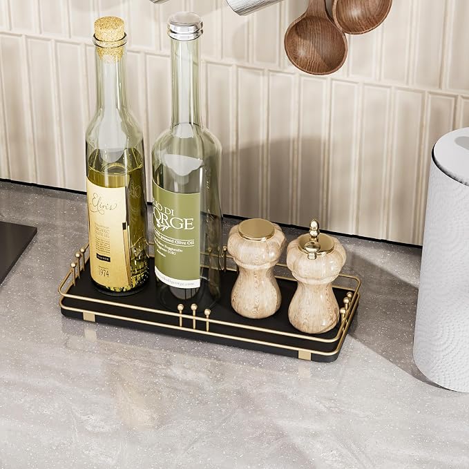 Bathroom Vanity Tray for Countertop Toiletries Perfume Makeup Soap Dispenser Toilet Tank, Kitchen Tray for Salt Spice, Decor Tray for Candle Nightstand Coffee 11.3”x 4.4” Black-Gold