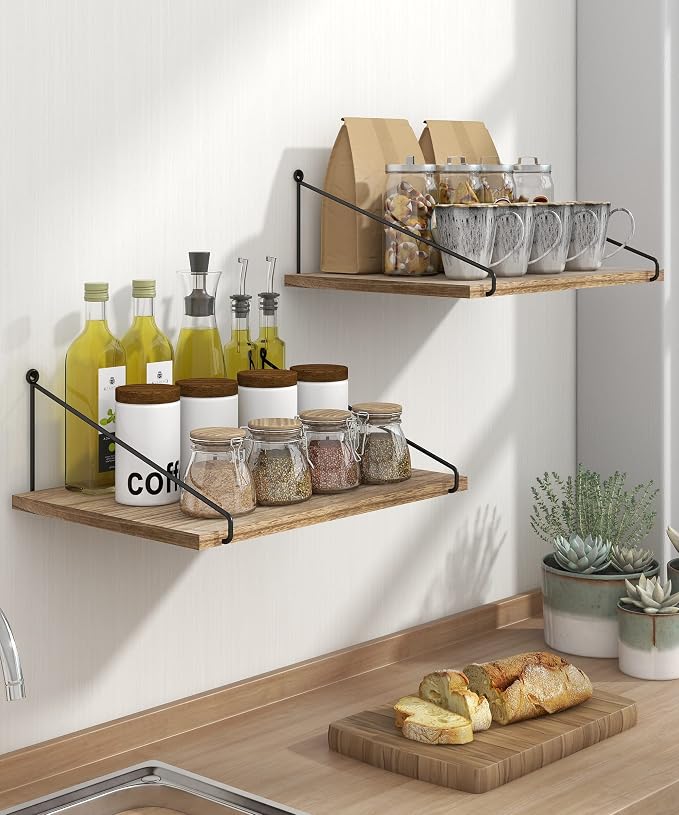 Afuly Rustic Floating Shelves for Wall, 12 Inch Deep Wooden Shelf Set of 2 | Solid Wood and Metal, Hanging Bookshelf with Brackets, Plants Photos Display, for Bathroom, Kitchen, Living Room, Bedroom