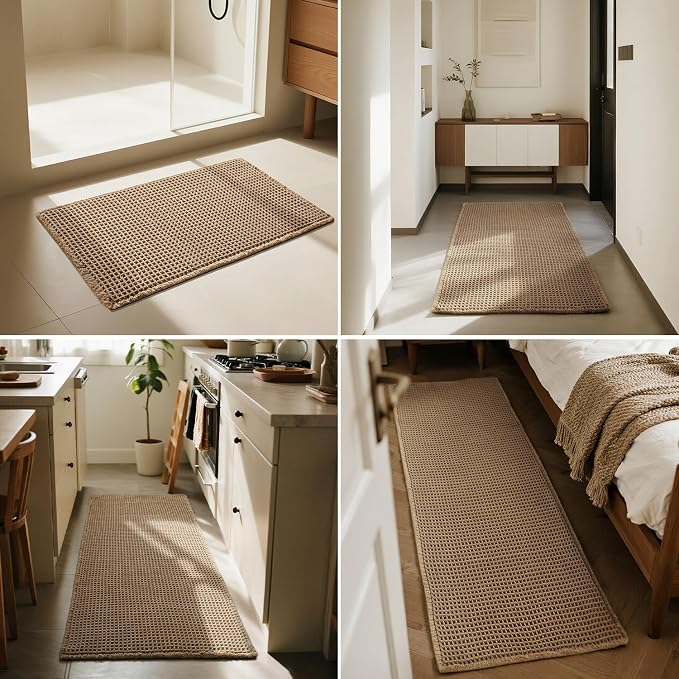 Triohero Waffle Bath Mat, Boho Bathroom Rugs Non Slip Washable, Ultra Soft Super Absorbent Quick Dry Farmhouse Bathroom Decor, 20" x 30", Khaki