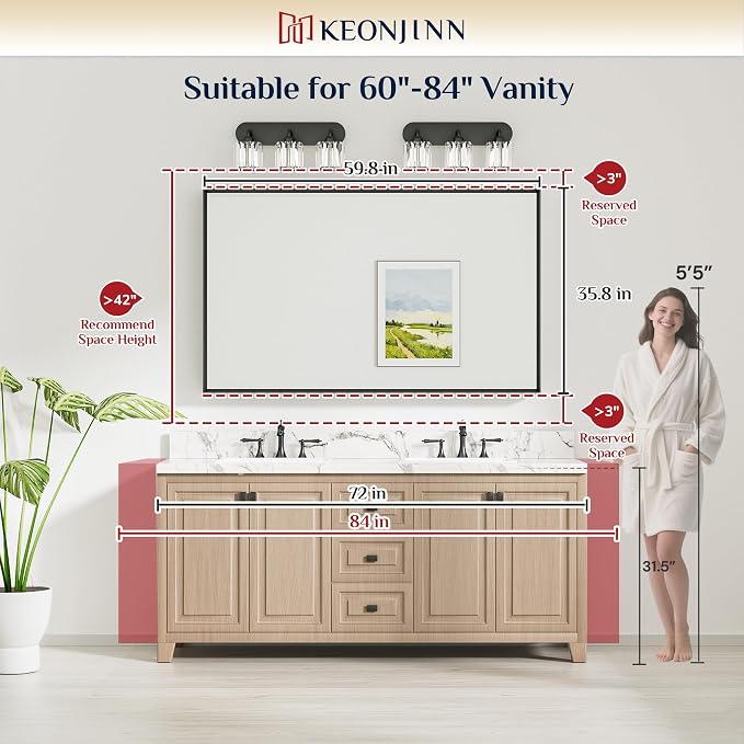 Keonjinn 60 x 36 Inch Black Oversize Bathroom Mirrors for Over Sink | Metal Frame, Rectangular Mirror for Wall, Safety Tempered Glass, Square Corner, Ideal for Corridor or Living Room