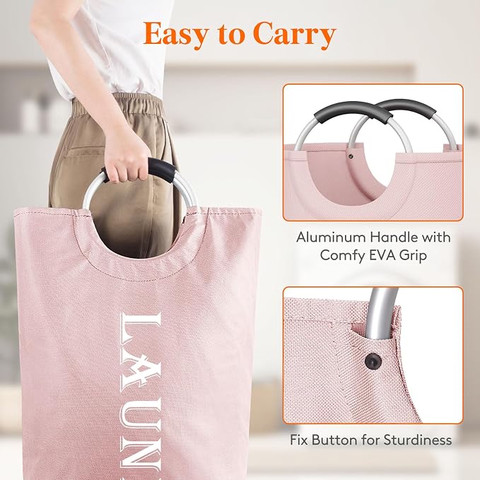 Lifewit 2 Pack 100L Laundry Basket with Aluminum Handles, Pink | Collapsible Large Laundry Hamper, Waterproof Fabric, Freestanding Dirty Clothes Hampers for Dorm, RV, Bedroom, Laundry Room