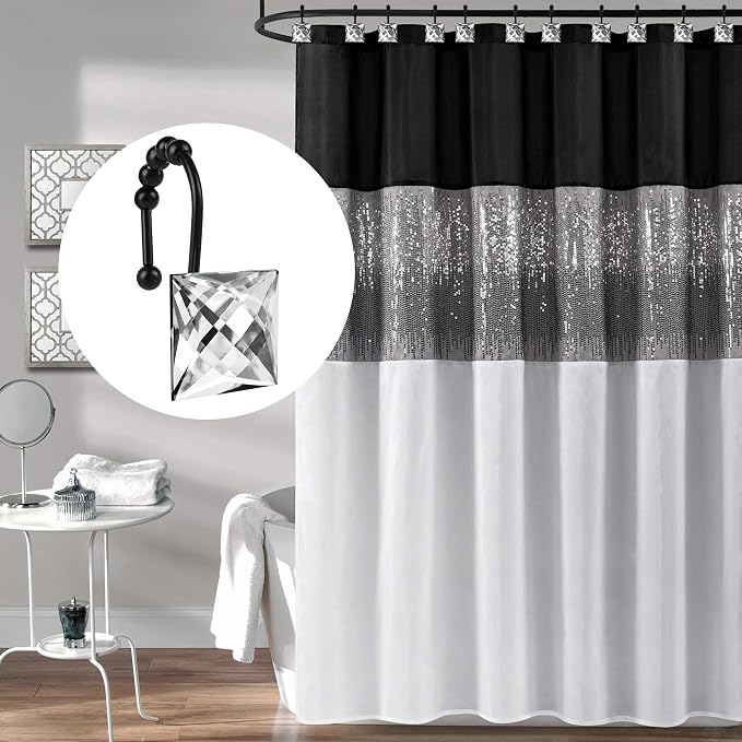 Sunlit Luxury Design Square Clear Diamond Crystal Gem Bling with Glide Balls Shower Curtain Hooks, Rust Proof Metal Rhinestones Glam Shower Curtain Rings with Black Hooks, Set of 12