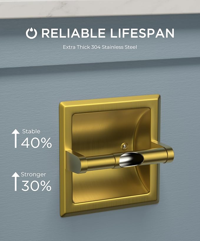 FORIOUS Recessed Toilet Paper Holder for Mega Rolls, Brushed Gold | Stainless Steel Tissue Roll Holder Wall Mount for Bathroom Space-Saving Design, in Wall Toilet Paper Dispenser Insert