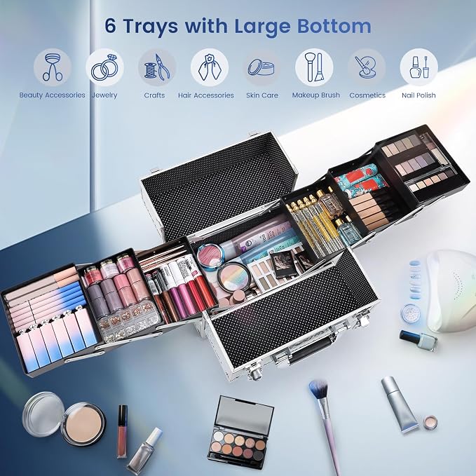 Makeup Case Cosmetic Train Case Organizer 11.8 Inch Large Makeup Box Travel Storage Make Up Train Carrying Case with 6 Trays Locking Hard Vanity Storage Glitter Silver