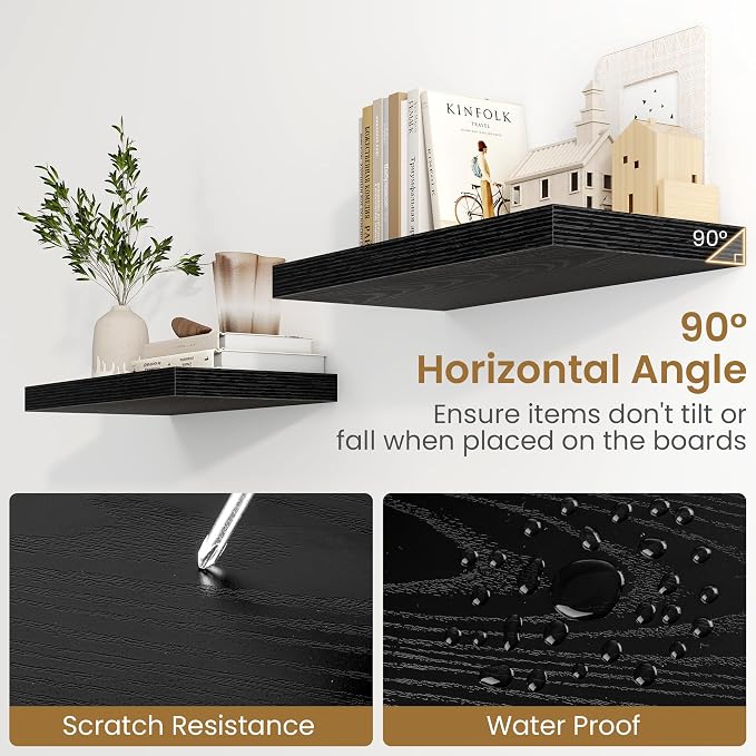 Fun Memories Black Floating Shelves 36 Inch Long, 9.3 Inch Deep Floating Shelf 2 Pack for Wall Bathroom, Living Room, Kitchen, Large Long Wall Shelves with Heavy-Duty Bracket for Books Decor