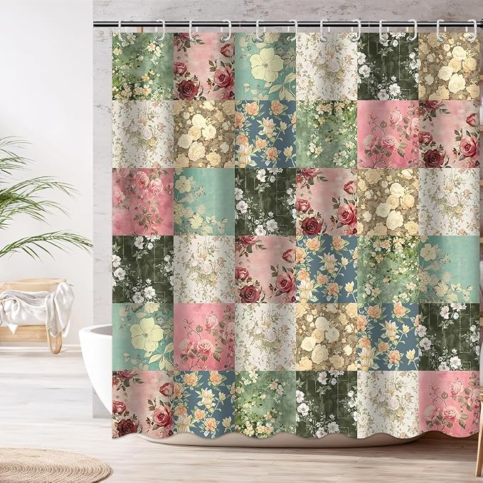Shower Curtains for Bathroom, Boho Shower Curtain, Vintage Green Boho Floral Bathroom Decor Bath Curtain, Mid Century Waterproof Retro Farmhouse Patchwork Floral Shower Curtain, 72 X 84 Inches