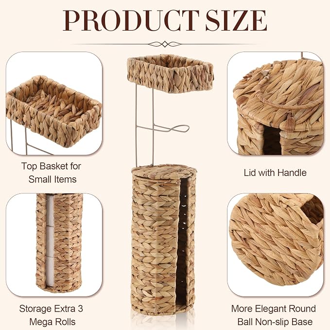Novabright Freestanding Toilet Paper Holder with Storage, Holds 3 Rolls, Handmade Woven Water Hyacinth Stand, Boho Farmhouse Bathroom Organizer