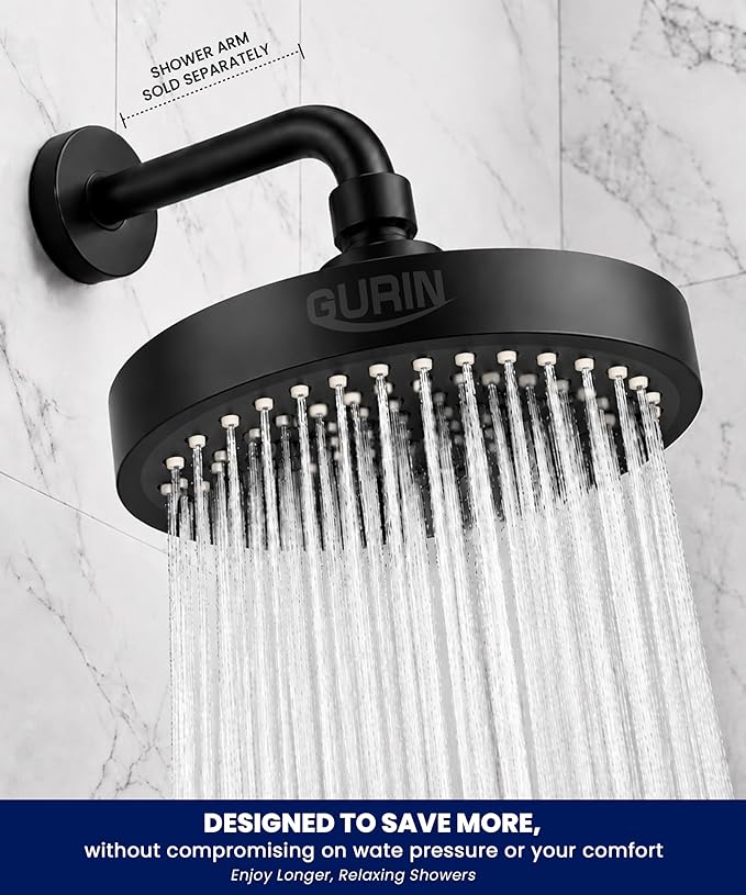 Shower Head - Luxury Matte Black Finish - Rain Showerhead 6 Inch | High Pressure Shower Heads with Adjustable Angles, 90 Anti-Clog Nozzles, Tool-Free 1-Min Install
