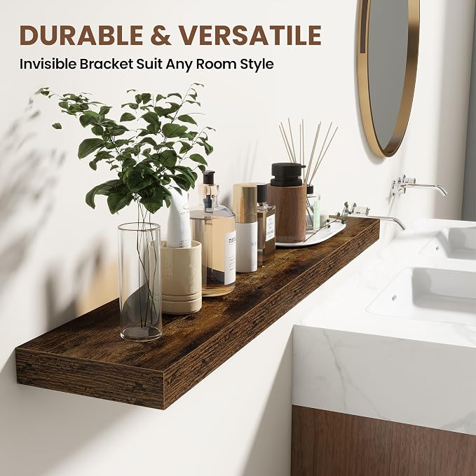 Acovy 40 Inch Floating Shelves for Wall 2 Pack, 40" Wall Shelves for Books, Storage, Decor, Wall Mounted Floating Shelf with Invisible Brackets for Kitchen, Living Room, Brown