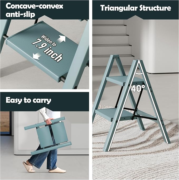 Taranta 2 Step Stool Foldable,Aluminum Step Ladder-Serene Blue | Lightweight,Wide Anti-Slip Pedals,Folding Step Stool,330lbs Capacity Stepladder for Household,Kitchen,Office