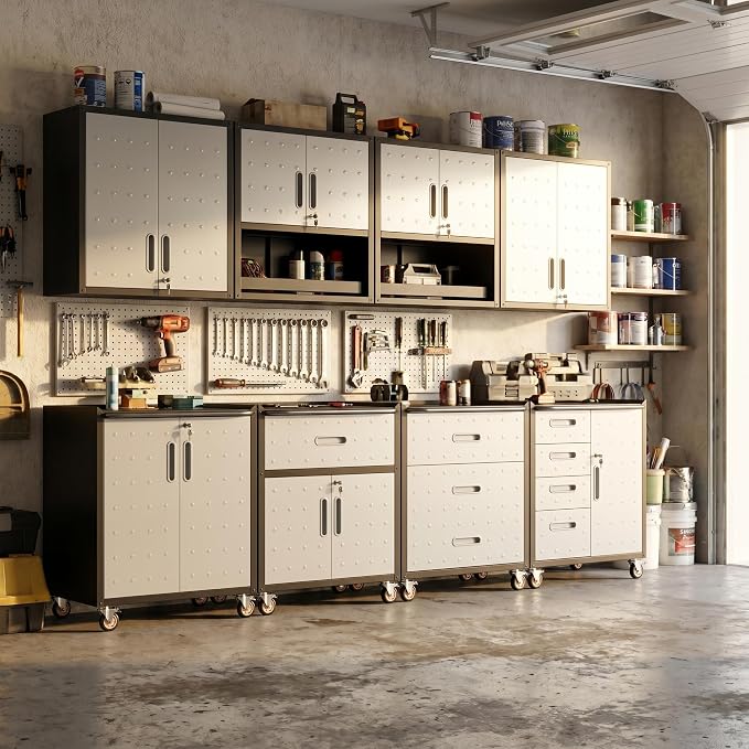 Garage Storage Cabinet System,Wall Cabinet & Locking Rolling Tool Cabinet with Doors and Adjustable Shelves