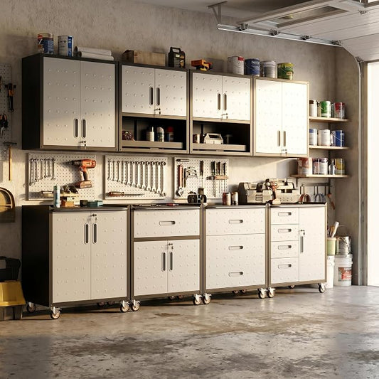 Garage Storage Cabinet System,Wall Cabinet & Locking Rolling Tool Cabinet with Doors and Adjustable Shelves