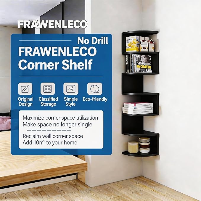 No-Drill Corner Shelf Wall Mount, 7-Tier Thickened Floating Bookshelf with Hooks, Space-Saving Zigzag Plant Shelf for Bedroom, Living Room, Bathroom, Home Office (Black)