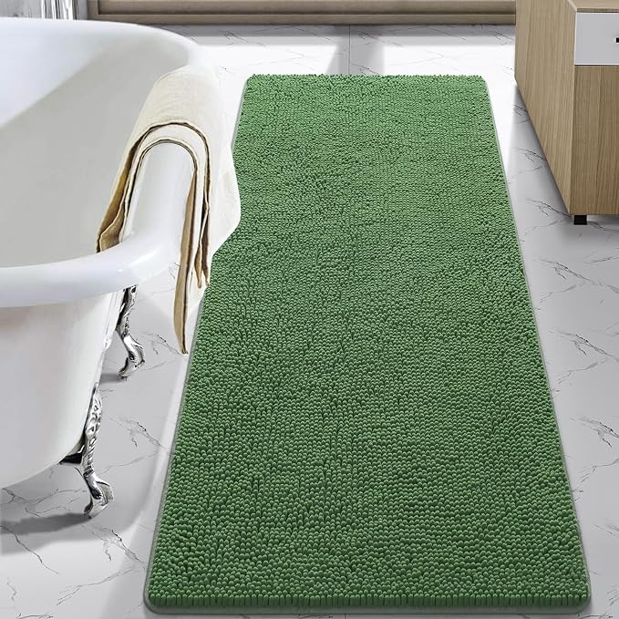 LOCHAS Luxury Bathroom Rug Shaggy Bath Mat 24 x 60 Inch, Green | Washable Non Slip Bath Rugs for Bathroom Shower, Soft Plush Chenille Absorbent Carpets