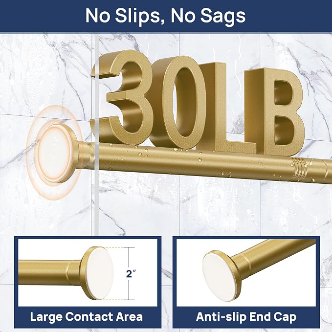 ENJOYBASICS 1" Gold Shower Curtain Rod, 30-52" Adjustable, Secure Tension | Easy No-Drill Installation, No Tools, No Gaps, Sturdy Rust-Resistant Steel, Sag-Resistant Design, Tubs, RVs, Apartments
