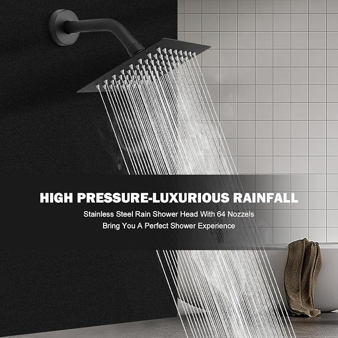 NearMoon Rain Shower Head, High Flow Stainless Steel Square Rainfall Shower, High Pressure Design, Awesome Shower Experience Even At Low Water Flow (6 Inch, Matte Black)