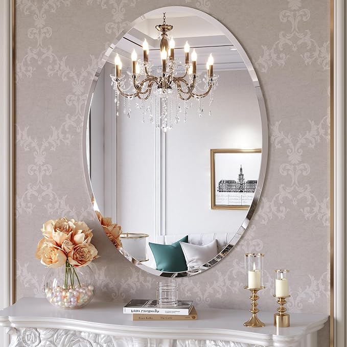 Frameless Oval Mirror, 24x36 Inch Beveled Bathroom Mirrors for Over Sink, Tempered Glass Oval Mirrors for Vanity, Living Room, Bedroom, Entryway