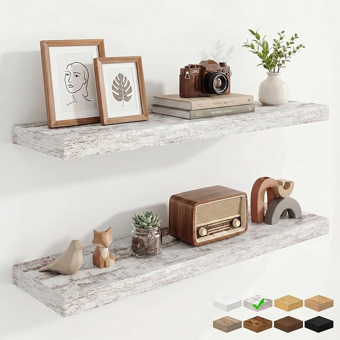 9.25in Depth 36in Floating Shelves, 36x9.25x1.4, Vintage White, Set of 2 | Wall Mounted Engineered Wood Shelves, Invisible Brackets for Living Room, Bedroom, Bathroom, Kitchen Decor and Storage