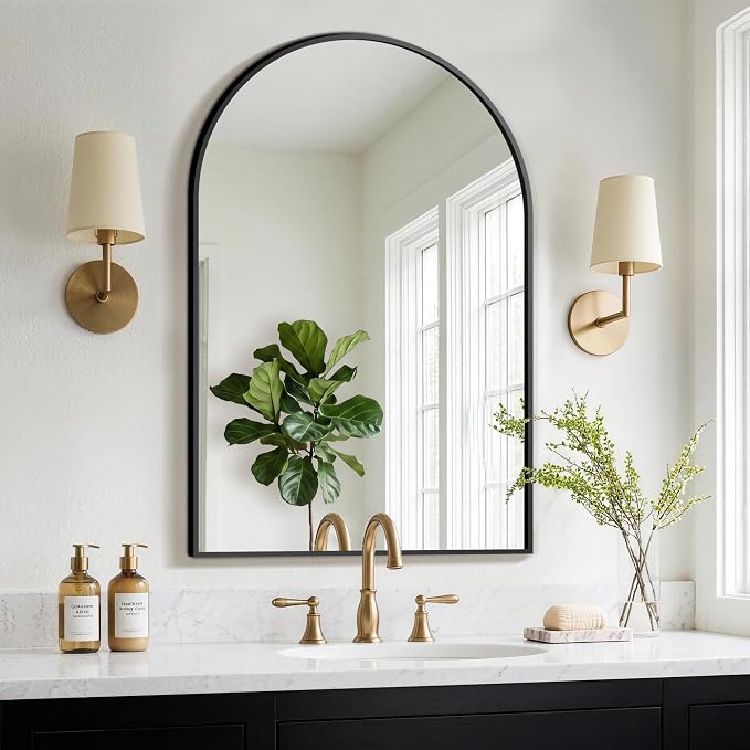 FGU Arched Bathroom Mirror for Over Sink 36"x24" Black Vanity Mirror | Wall Mounted, HD Tempered Shatter-Proof Glass, Rust-proof Arched Metal Frame, Arch Mirror for Bedroom, Living Room, Entryway