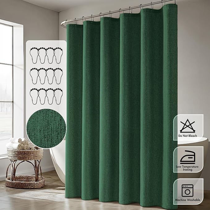 ANRODUO Dark Green Linen Textured Fabric Shower Curtain Set - W72xL84 | Farmhouse Shower Curtain with 12 Metal Hooks, Waterproof Heavy Duty, Button Hole Design, Machine Washable for Bathroom