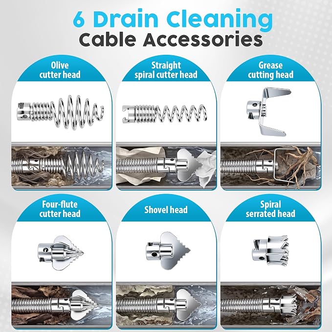ACOCO 16.4FT Drain Snake, Drain Auger with Drill Attachment, 6 Cutter Heads | 14-in-1 Heavy-Duty Plumbing Snake Drain Clog Remover with 2 Hair Catchers & 2 Brushes for Kitchen Sink, Bathtub and Shower