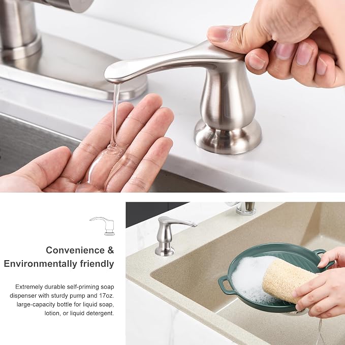 Kitchen Sink Soap Dispenser with 17 OZ Bottle - Brushed Nickel | Built in Soap Dispenser for Kitchen Sink, Lotion Dispenser for Kitchen Sink, Refill from The Top, G086BN